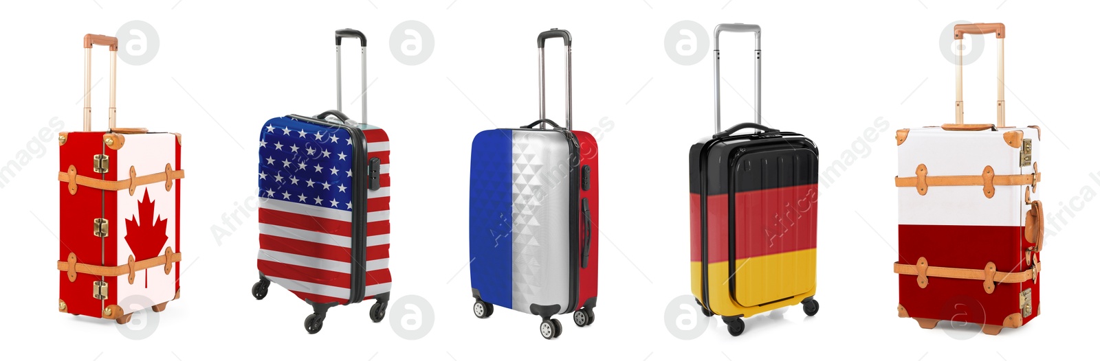 Image of Suitcases painted in national flags of different countries isolated on white, set