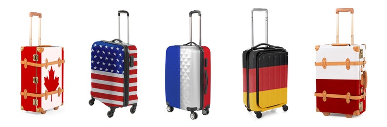 Image of Suitcases painted in national flags of different countries isolated on white, set