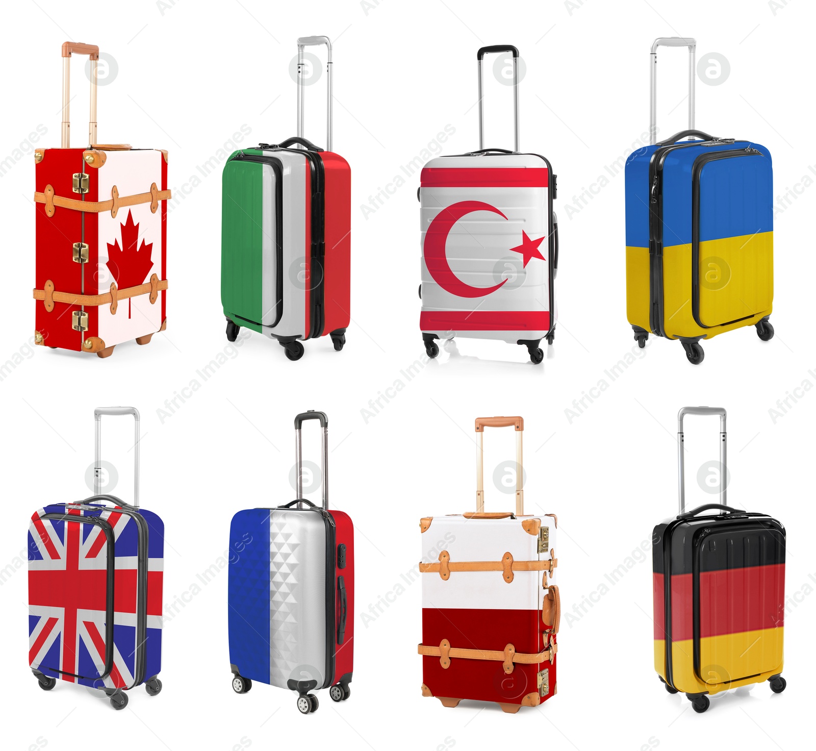 Image of Suitcases painted in national flags of different countries isolated on white, set