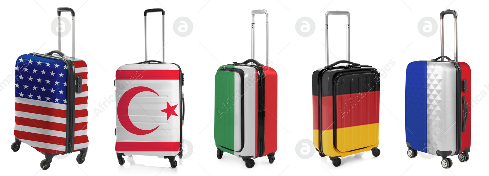 Image of Suitcases painted in national flags of different countries isolated on white, set