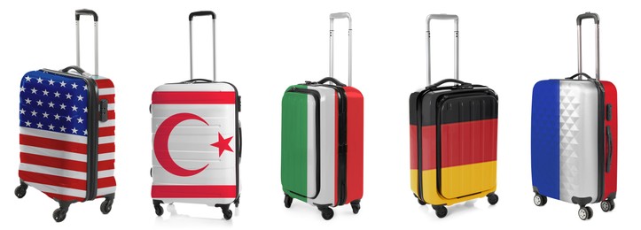 Image of Suitcases painted in national flags of different countries isolated on white, set