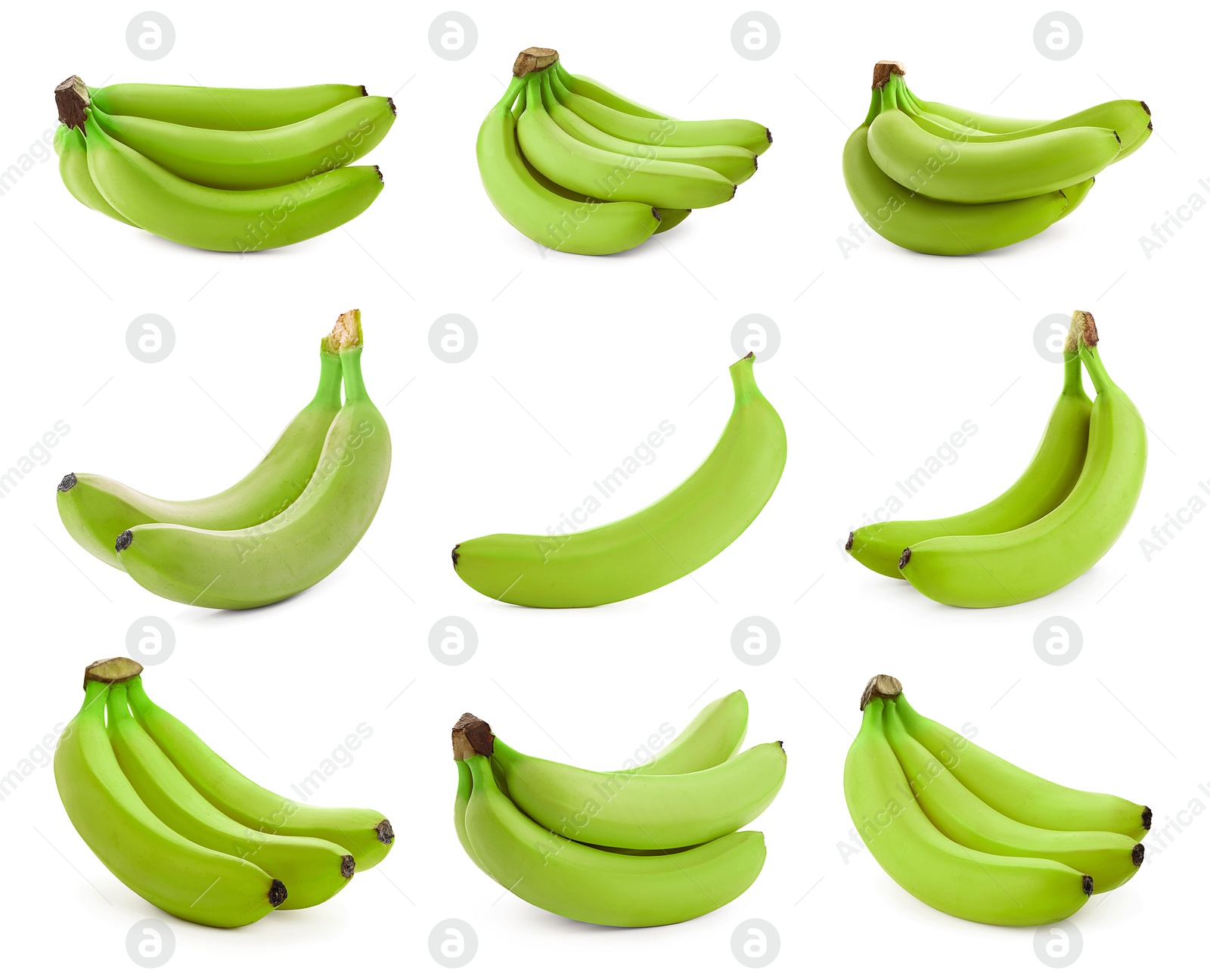 Image of Fresh ripe green bananas isolated on white, set