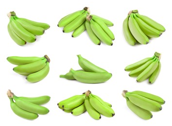 Fresh ripe green bananas isolated on white, set