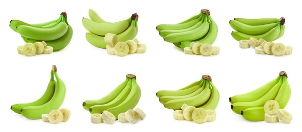 Fresh ripe green bananas isolated on white, set