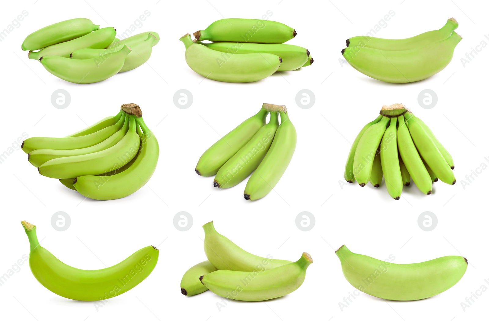 Image of Fresh ripe green bananas isolated on white, set