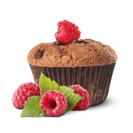 Image of Tasty chocolate muffin with raspberries isolated on white