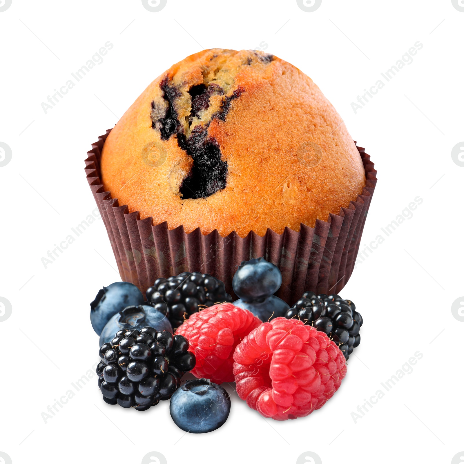 Image of Tasty muffin with berries isolated on white