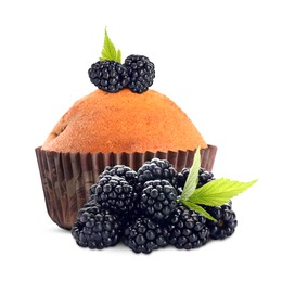 Image of Tasty muffin with blackberries isolated on white