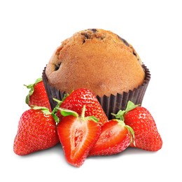 Image of Yummy muffin with strawberries isolated on white