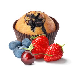 Image of Yummy muffin with berries isolated on white