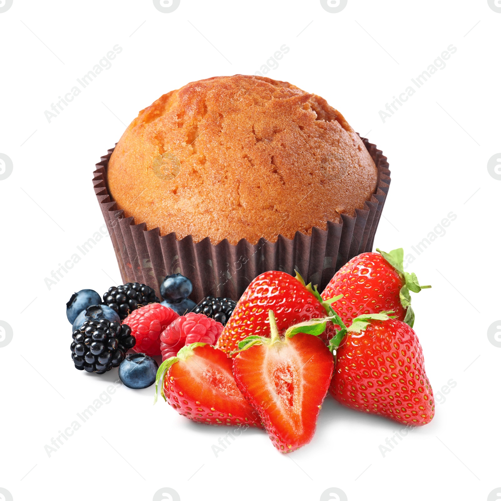 Image of Yummy muffin with berries isolated on white