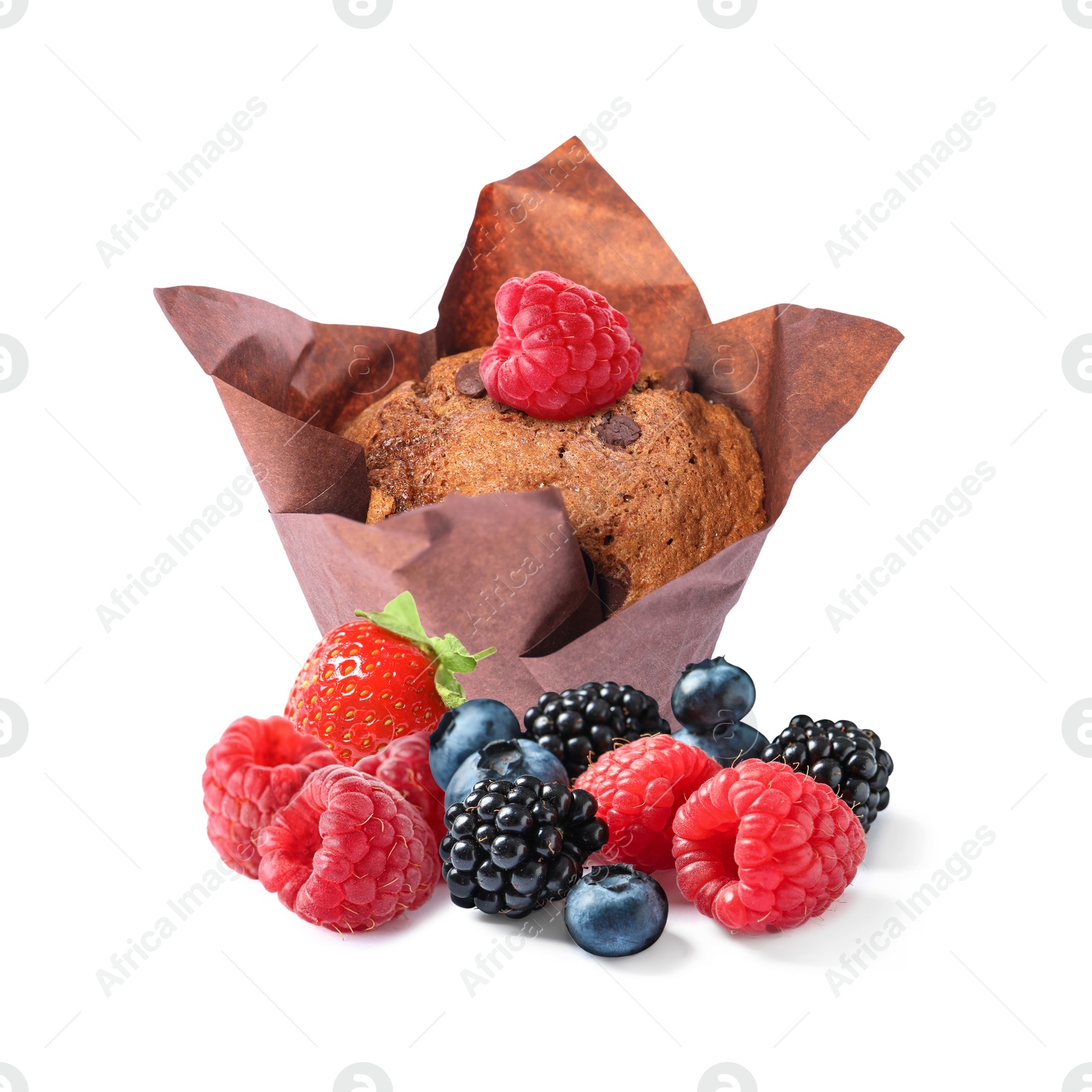 Image of Tasty chocolate muffin with berries isolated on white