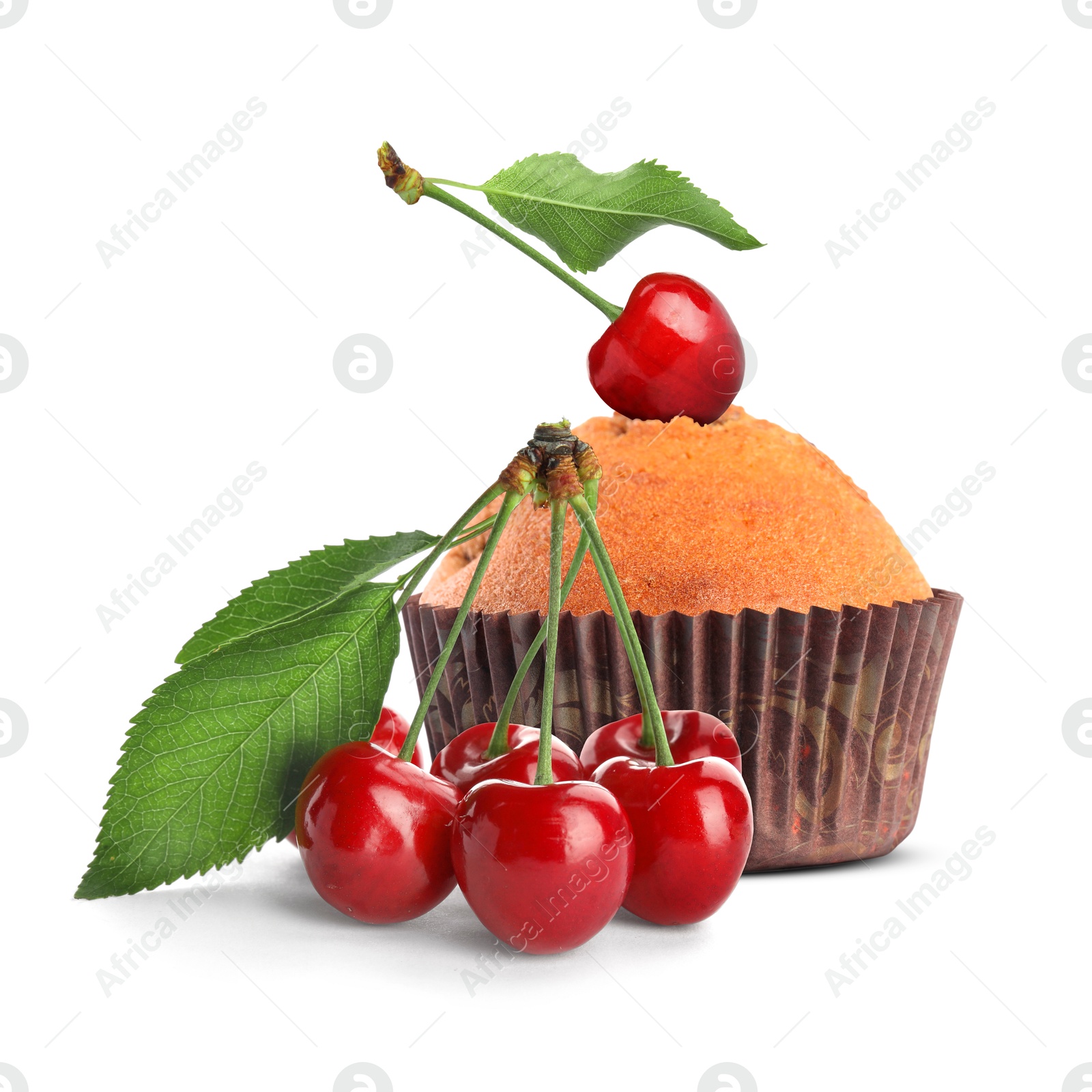 Image of Yummy muffin with cherries isolated on white