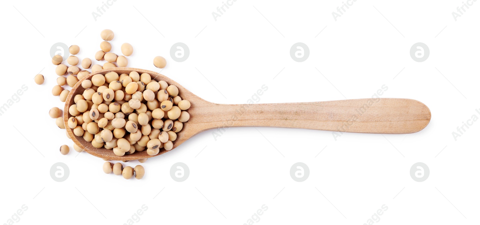 Photo of Spoon with soy beans isolated on white, top view