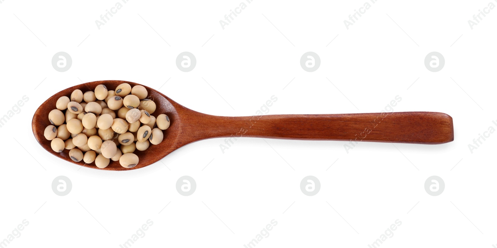 Photo of Spoon with soy beans isolated on white, top view