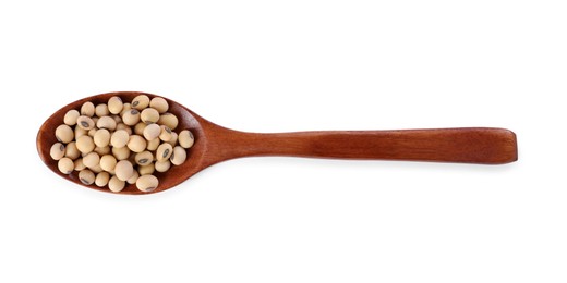 Photo of Spoon with soy beans isolated on white, top view