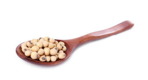 Photo of Spoon with soy beans isolated on white