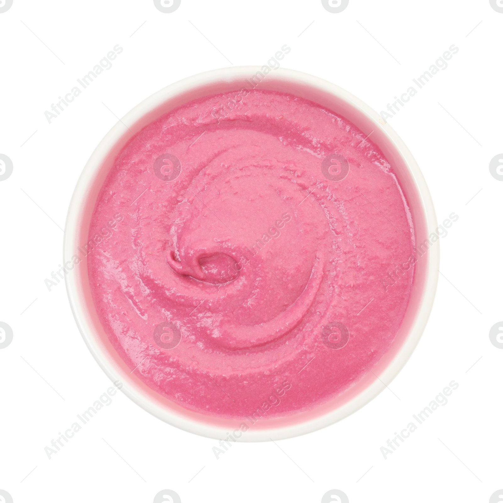 Photo of Tasty beetroot hummus in bowl isolated on white, top view