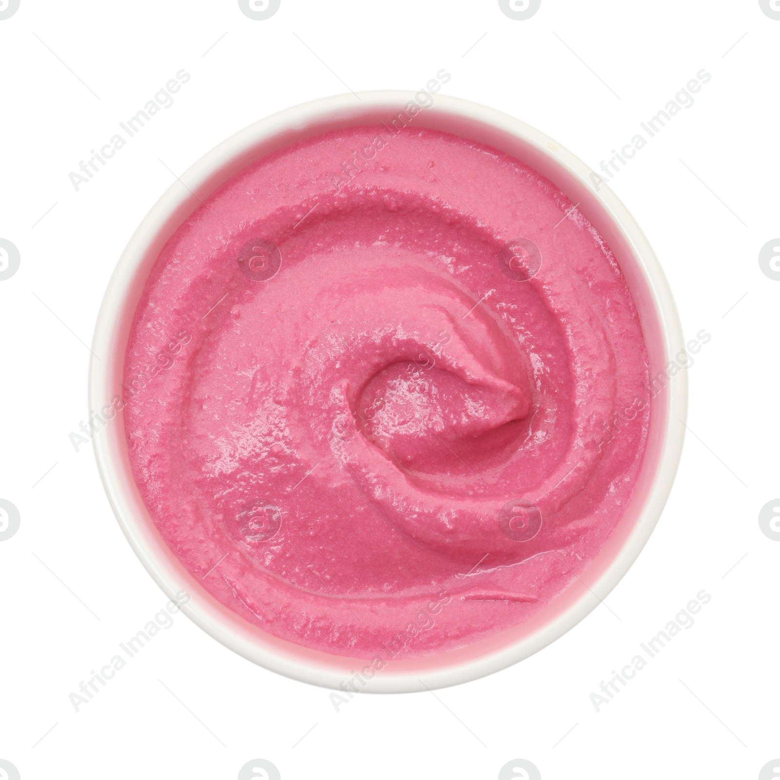 Photo of Tasty beetroot hummus in bowl isolated on white, top view