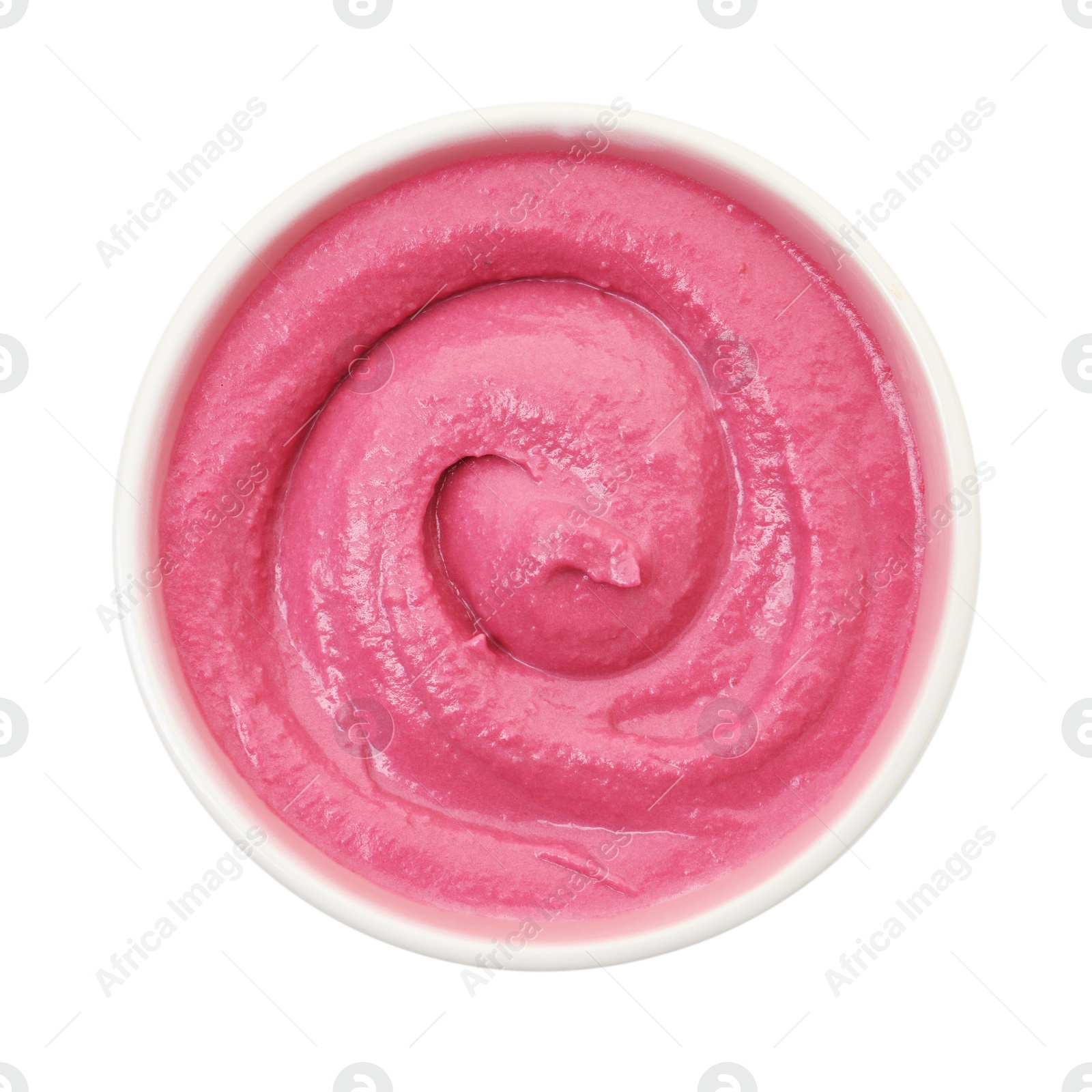 Photo of Tasty beetroot hummus in bowl isolated on white, top view