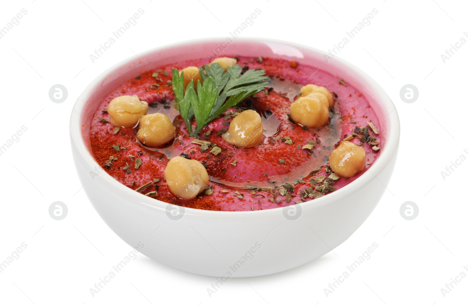 Photo of Tasty beetroot hummus and chickpeas in bowl isolated on white