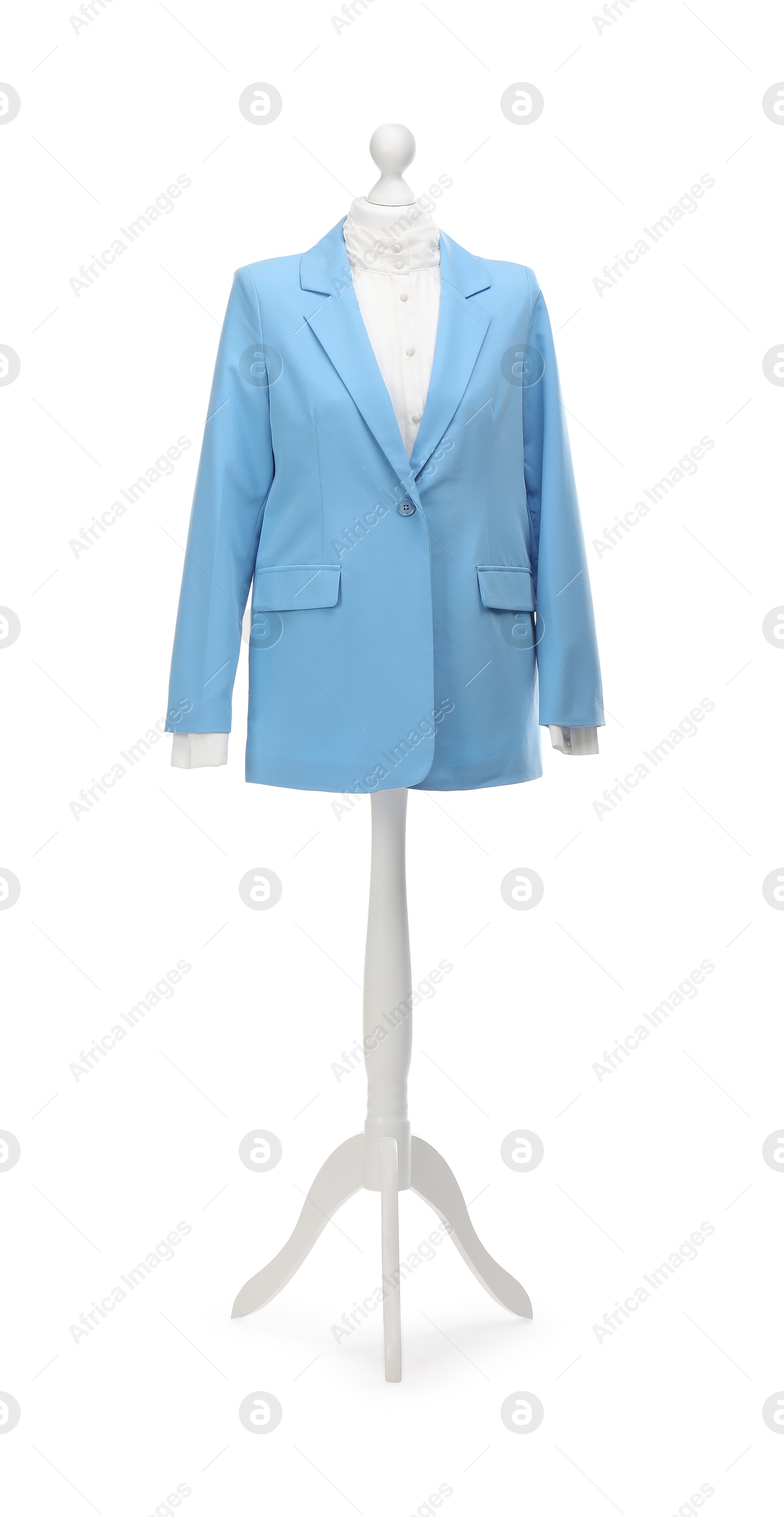 Photo of Mannequin with new stylish jacket isolated on white