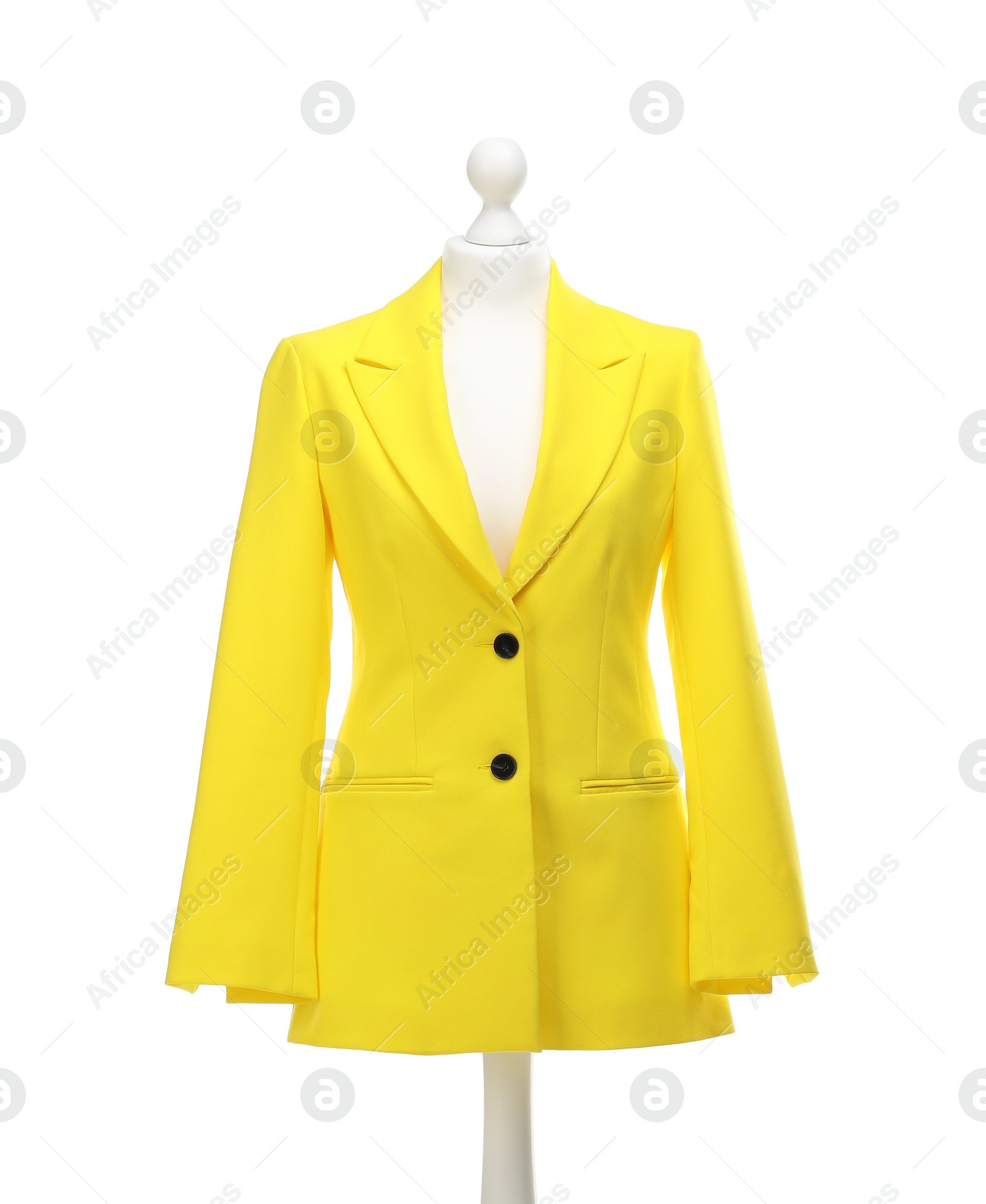 Photo of Mannequin with new stylish jacket isolated on white