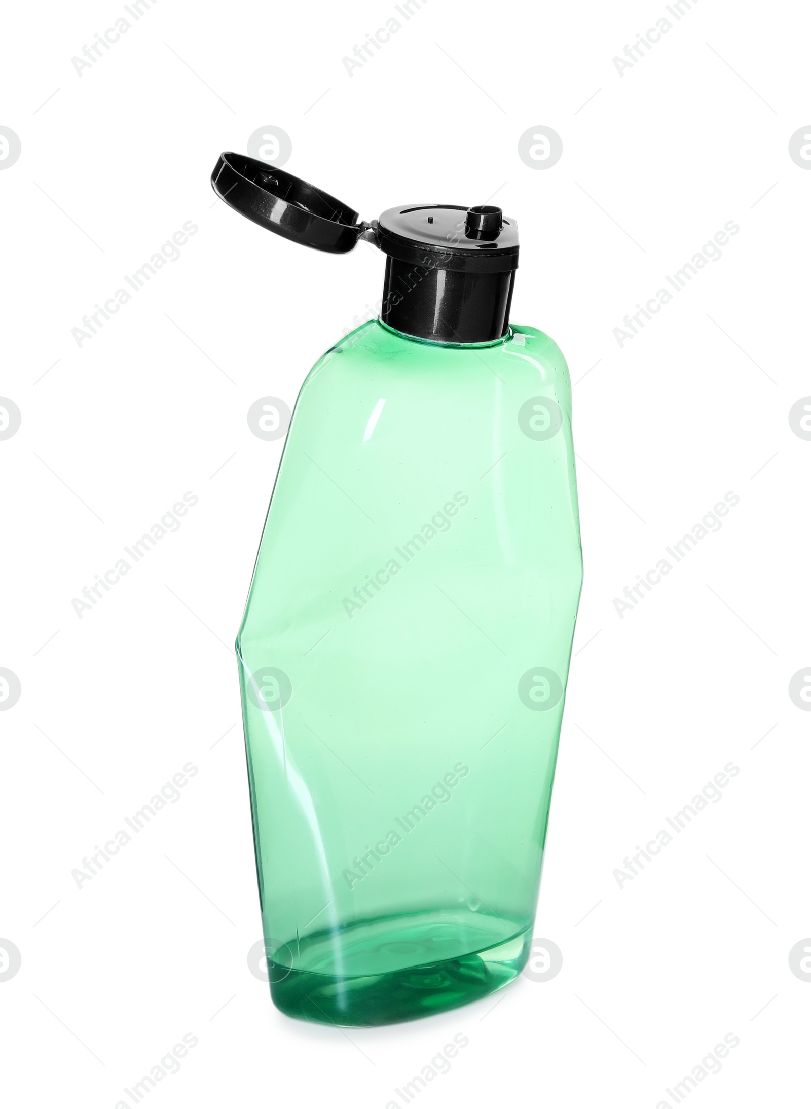 Photo of Empty bottle of shampoo isolated on white. Personal care product