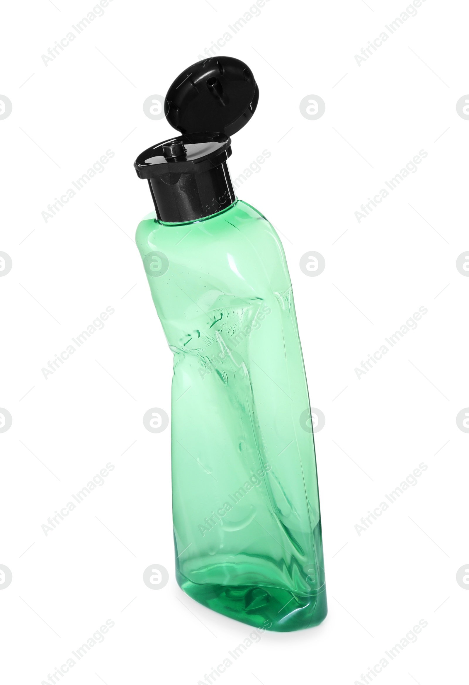 Photo of Empty bottle of shampoo isolated on white. Personal care product