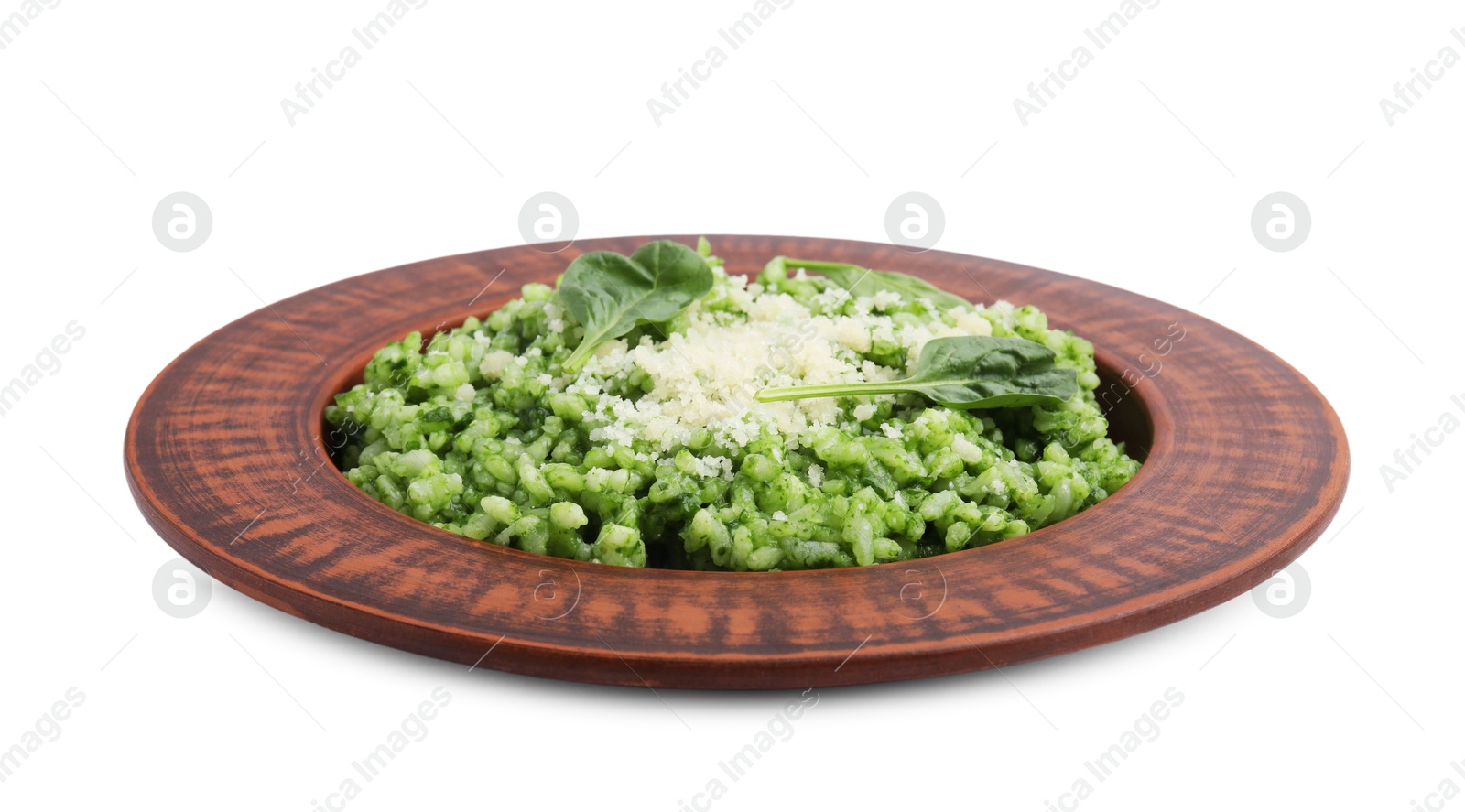 Photo of Delicious spinach risotto with parmesan cheese isolated on white