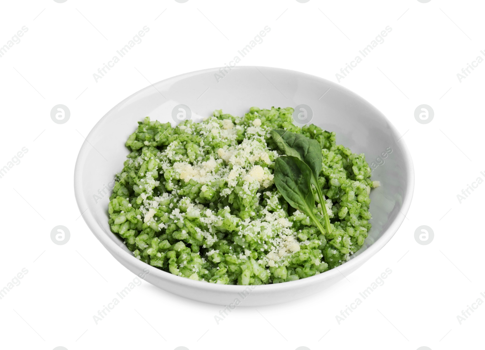 Photo of Delicious spinach risotto with parmesan cheese isolated on white