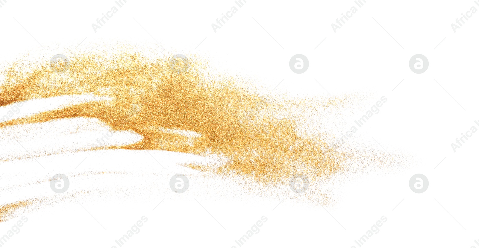 Photo of Shiny golden glitter isolated on white, top view