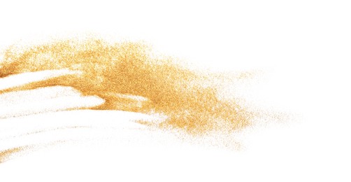 Photo of Shiny golden glitter isolated on white, top view