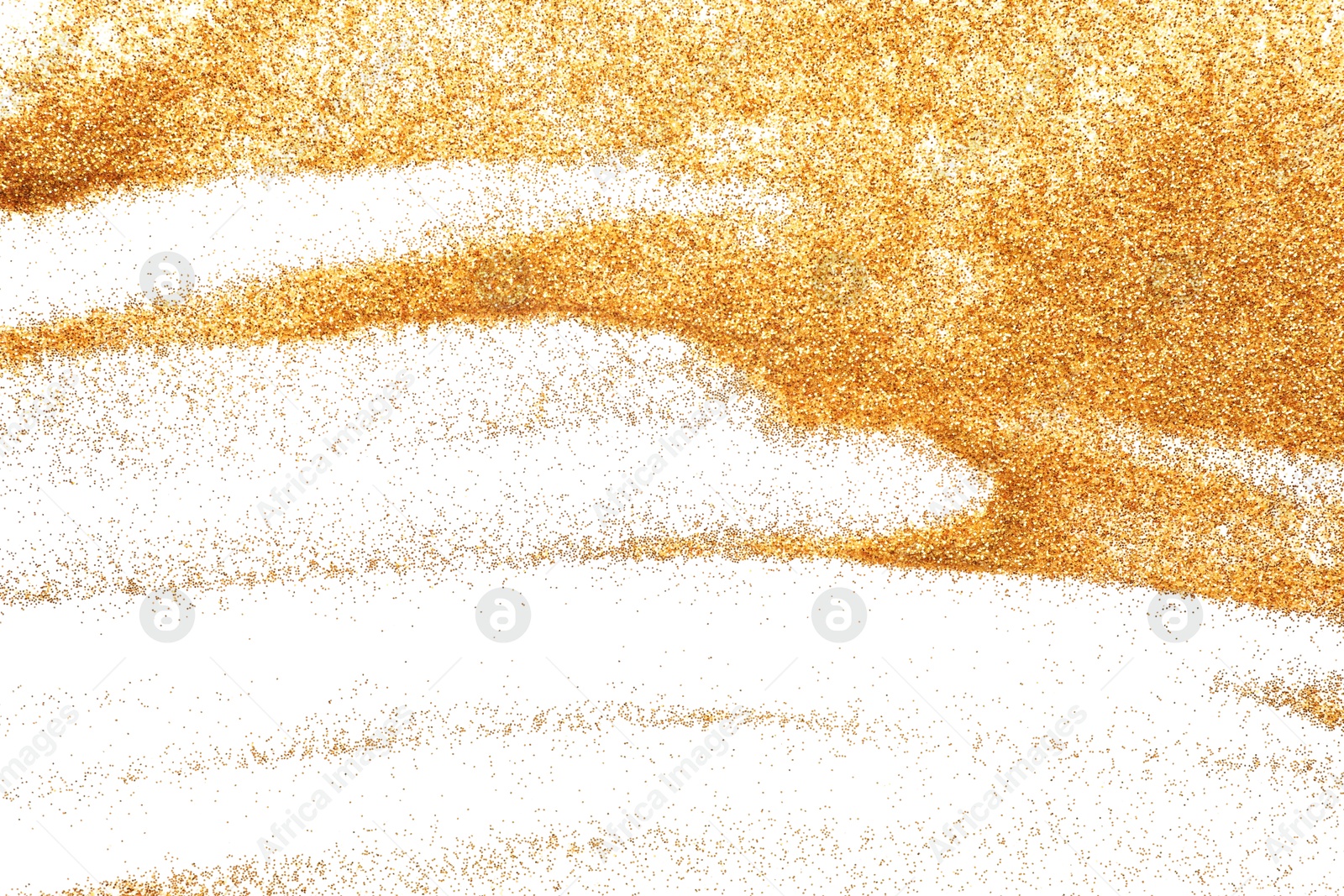 Photo of Shiny golden glitter isolated on white, top view