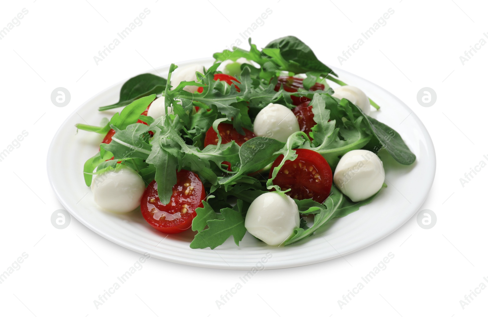 Photo of Tasty salad with arugula, spinach, mozzarella cheese and tomatoes isolated on white