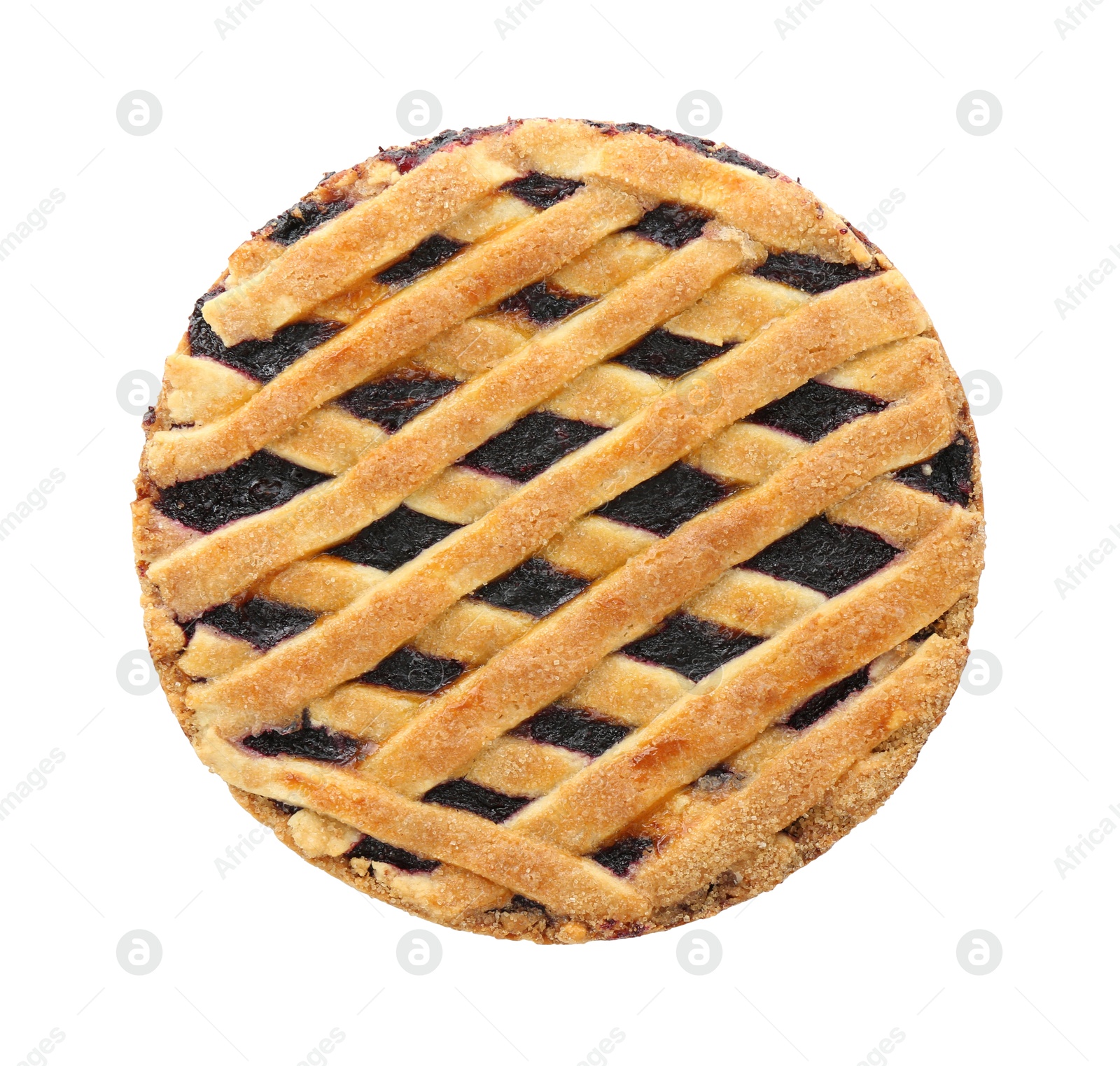 Photo of Delicious homemade blueberry pie isolated on white, top view