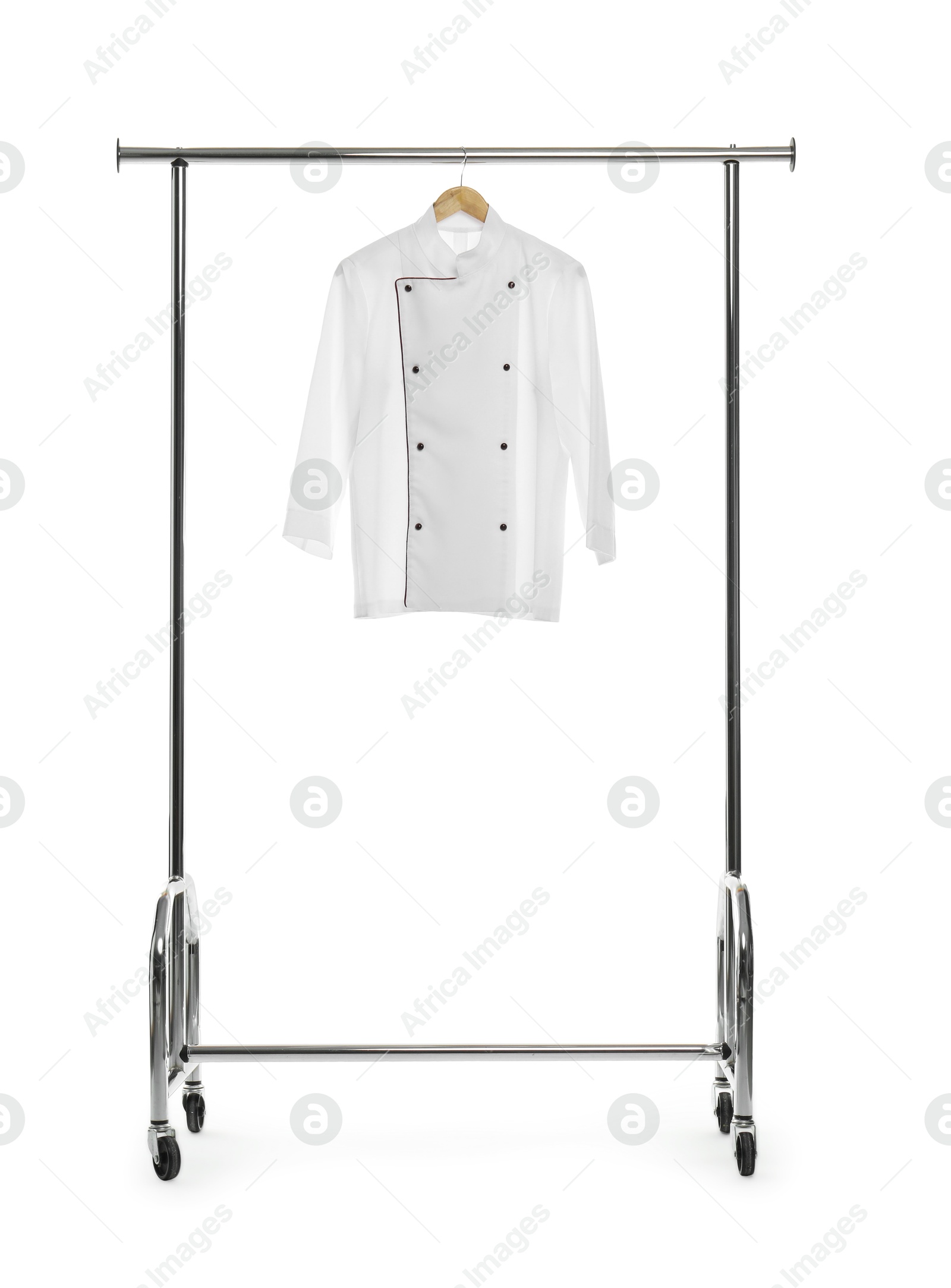 Photo of Chef's coat on clothing rack against white background