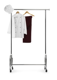 Photo of Chef's uniform on clothing rack against white background