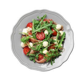 Photo of Tasty salad with arugula isolated on white, top view