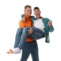 Two happy brothers having fun on white background