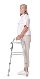 Senior woman using walking frame on white background