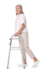 Photo of Senior woman using walking frame on white background