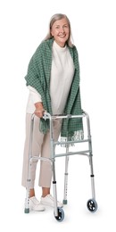 Senior woman using walking frame on white background