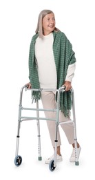 Photo of Senior woman using walking frame on white background