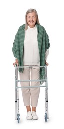 Photo of Senior woman using walking frame on white background