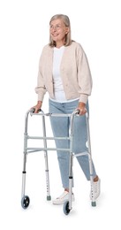 Senior woman using walking frame on white background