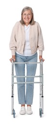 Senior woman using walking frame on white background