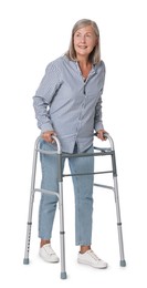 Photo of Senior woman using walking frame on white background