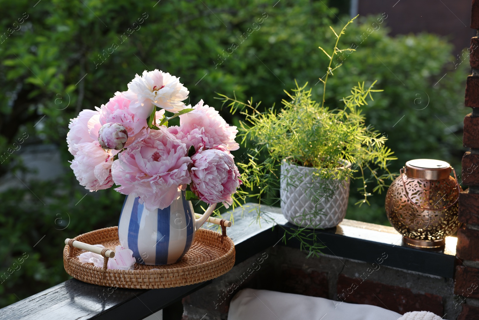 Photo of Beautiful pink peony flowers in vase on balcony railing outdoors