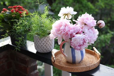 Balcony garden. Different plants growing on railings outdoors